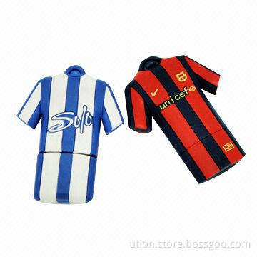 Football Shirt USB Flash Memory with 1 to 32GB Memory Capacity, Free Printing and Packaging